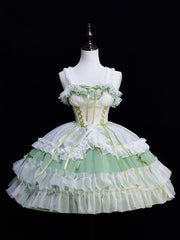 Plus Size Friendly Spring Sweet Basil Green Jumper Skirt Short Version Lace-up Detail Ruffle Drawstring Hem