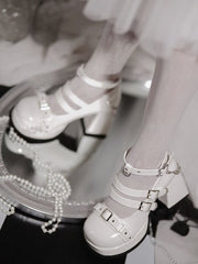 Wordless Poetry Buckle Straps PU Polished White High Block Heel Lolita Shoes