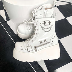 White Platform Ankle Boots Silver-toned Grommet Studs Buckle Straps Martens