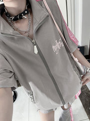 Gray Punk Short Sleeve Zip-Up Jacket with White Cross Print & Pink Text Stripes