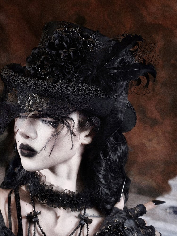 Victorian-Inspired Goth Lace Trim Top Hat Hat with Floral and Feather Accents
