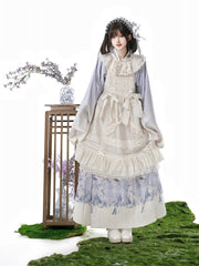 White & Purple Floral Print Ruffled Lolita Skirt + Cross-Collar Top + Beige Lace Trimmed Apron Set