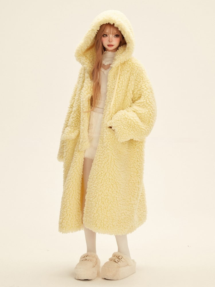 Yellow Winter Long Fleece Hooded Coat with Drawstrings