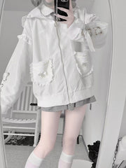 White Jirai Kei Plush Bunny Ear Jacket with Sleeve Lace-Up Detail & Decorative Crossed Pins Back