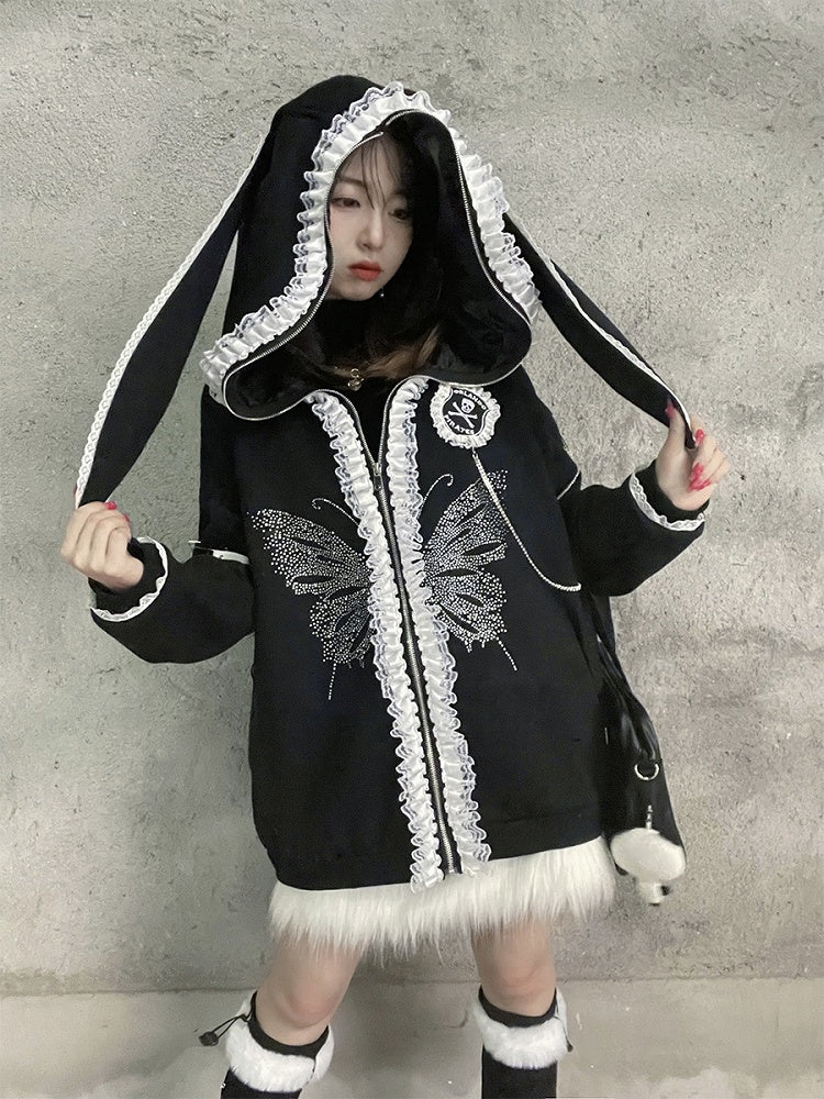 Punk Fold-eared Rabbit Long Sleeves Full-zipper Plush Velvet Hoodie