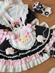 Clearance - Size M for Bust 86cm Black and Pink Sailor Collar Sweet Kitty Maid Lolita Dress with Heart Apron