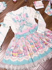 Blue & Pink Sweet Bunny and Cupcake Print Lolita Overall Dress
