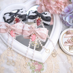 Jirai Kei Dusty Pink / Black Bowknot Hairclips with Strawberry and Beaded Heart Charm