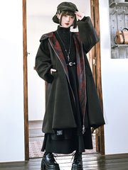 Black Gothic Hooded Coat - Floral Print with Bubble Hem & Zipper Front