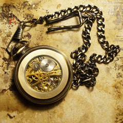 Vintage Brass Transparent Movement Watch Chain Mechanical Watch Pocket Watch