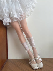 White Lace Ruffled Semi-sheer Calf Socks