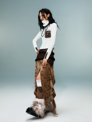 White Punk High-Neck Knit Top with Brown PU Pocket