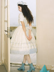 Milk White and Light Blue Sailor Collar Lolita Dress with Lace Trim and Puff Sleeves