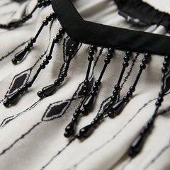 Urban Goth White Diamond Pattern Wide-Leg Pants with Waist Beaded Tassel Charm Decoration