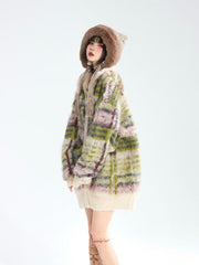 Vintage Green Striped Mohair Cardigan with High Neck & Zip Closure