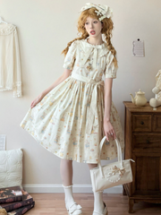 Short Version Beige Bear Print Short Sleeves Sweet Lolita Dress