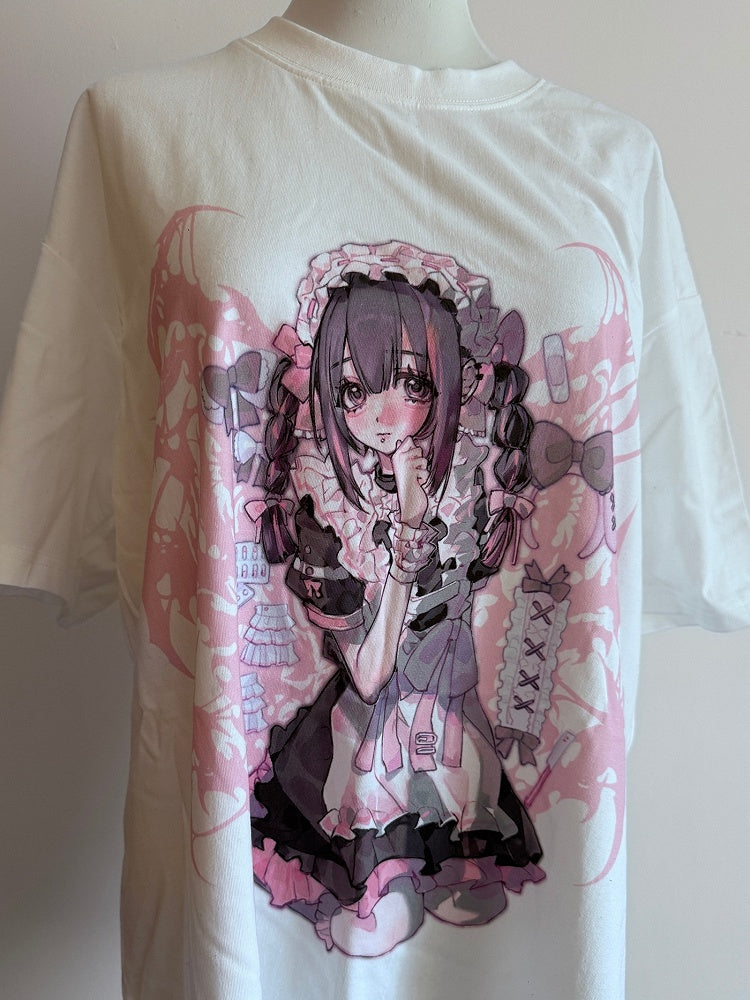 White Jirai Kei Cartoon Girl Print Round Neck T-shirt