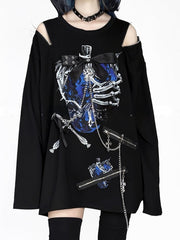 Strawberry&Ribcage Print Topwith Convertible Zip-Shoulder&Hardware Accentsin Black&White/Black&Blue