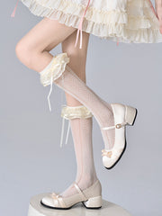 White/Creamy Yellow Bow Decorated Ruffled Lolita Calf Socks