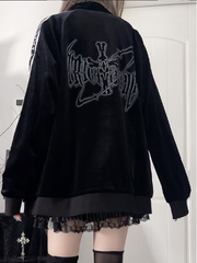 Gothic Black Velvet Tracksuit Jacketwith Sleeve Tape Text&Back Cross Print