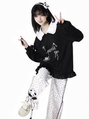 White Polka-Dot Pattern Cotton Straight-Leg Pants with Panda Plushie