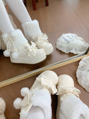 PU Creamy White Sweet Lolita Platform Snow Boots - Pompon Charm, Bow Details & Faux Fur Cuff with Side Zipper