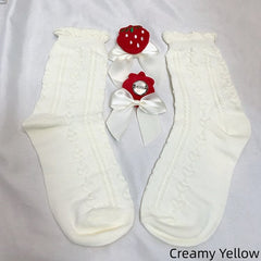 White/Creamy Yellow/Black Detachable Strawberry Bowknot Decorated Ruffled Cotton Socks