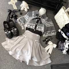 Jirai Kei Black/Pink/Blue Bowknot Details Tiered Striped Skirt