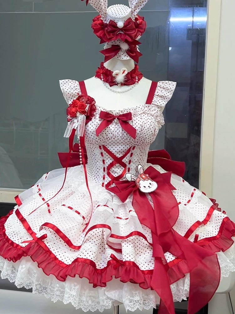 Red Polka Dots Corset Waist Rabbit-Themed Ruffle Dress Sweet Lolita JSK / Full Set