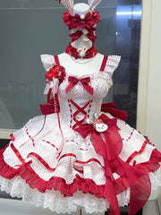 Red Polka Dots Corset Waist Rabbit-Themed Ruffle Dress Sweet Lolita JSK / Full Set