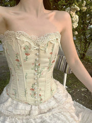 Apricot Floral Print Cotton Bustier Boned Corset Top