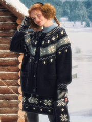 Navy Blue Knit Cardigan with Premium Fair Isle Wool Blend