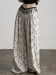 Urban Goth White Diamond Pattern Wide-Leg Pants with Waist Beaded Tassel Charm Decoration