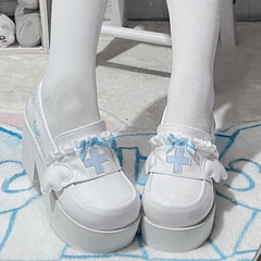 Tenshi Kaiwai Light Blue Yami Kawaii Cross Bowknot Platform Loafers