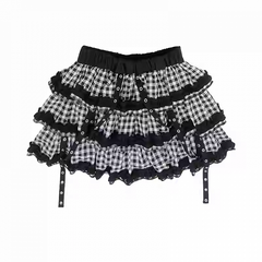 Y2K Red & Black/Black & White Plaid Strap Details Tiered Skirt