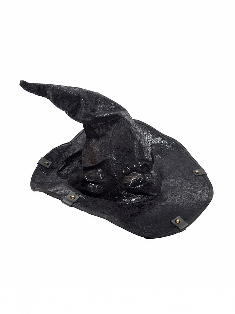 Steampunk Black PU Witch Hat With Bronze Stud And Black Feather