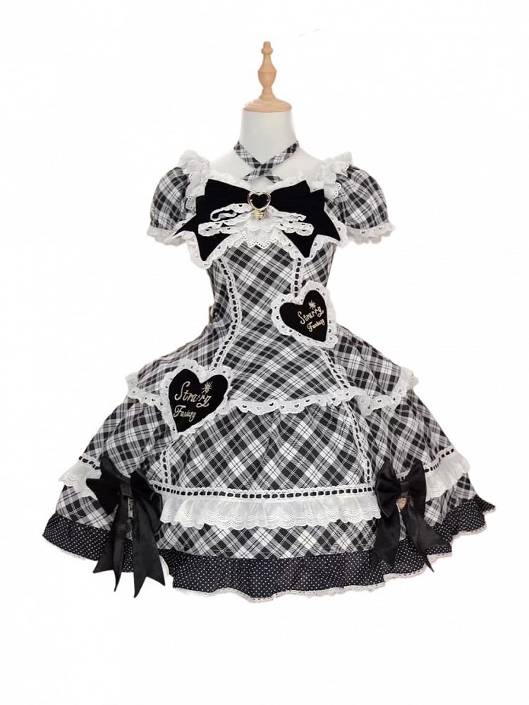 White & Black Plaid Puff Sleeves Sweet Lolita Dress with Sweetheart Appliques