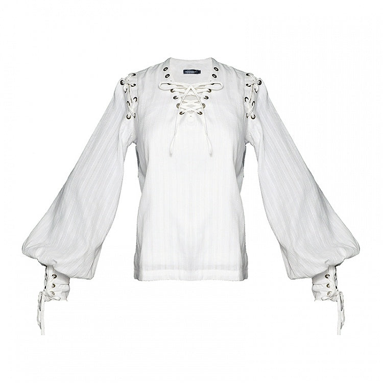 Steampunk Retro Lace-up White Cotton Long Sleeve Shirt