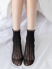 White/Milk White/Black Sweetheart Pattern Ruffled Cuff Calf Socks