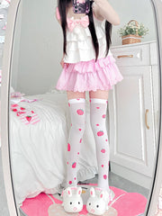 White & Pink Strawberry and Sweetheart Print Over Knee Stockings