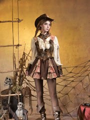 Steampunk Brown PU Under-bust Suspender Dress with Orange Lace Layers
