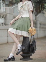 Sailor Collar Beige Short Puff Sleeves Top