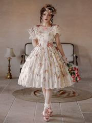 Pink&Beige Floral Print Lace Tiered Ruffle Elegant Classic Lolita Dresswith Bow Accents