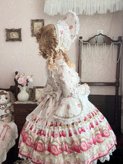 Strawberry Print Beige Bell Sleeves Lolita Dress with Lace Trim and Bow Accents
