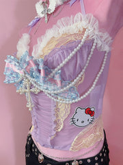 Purple Y2K Glamorous Beaded And Cross Charm Lace Trim Bowknot Cami Top