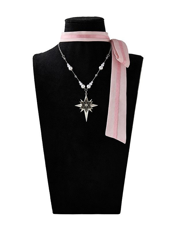 Star-Shaped Pendant & Pink Ribbon Beaded Necklace