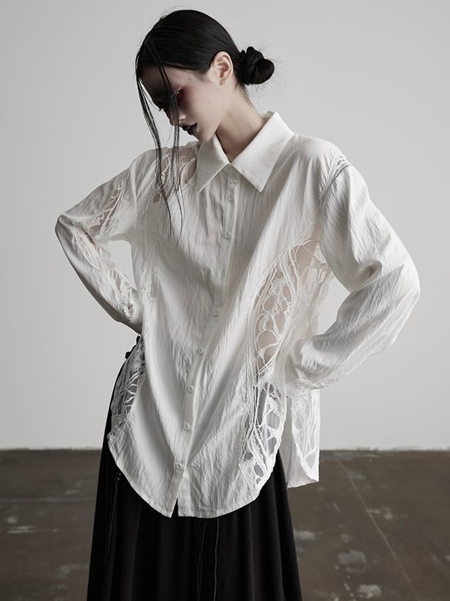 Urban Goth White Hollow-Out Split Design Long-Sleeve Shirt