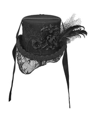 Victorian-Inspired Goth Lace Trim Top Hat Hat with Floral and Feather Accents
