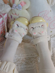 White Kitty Plushie & Snap Button Design Yellow Sweet PU Flat Shoes