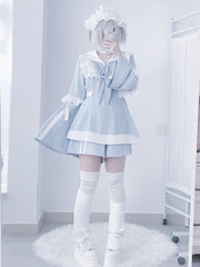 Light Blue Jirai Kei Full Set - Sailor Collor Detachable Sleeves Dress + Shorts + Free Scarf